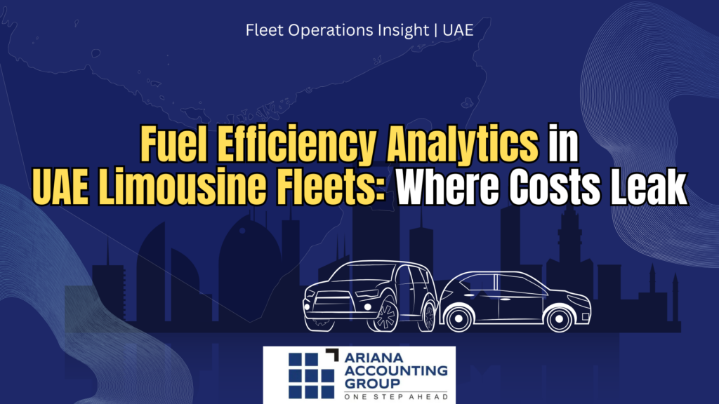 Fuel efficiency analytics in UAE limousine fleets showing luxury cars on Dubai roads