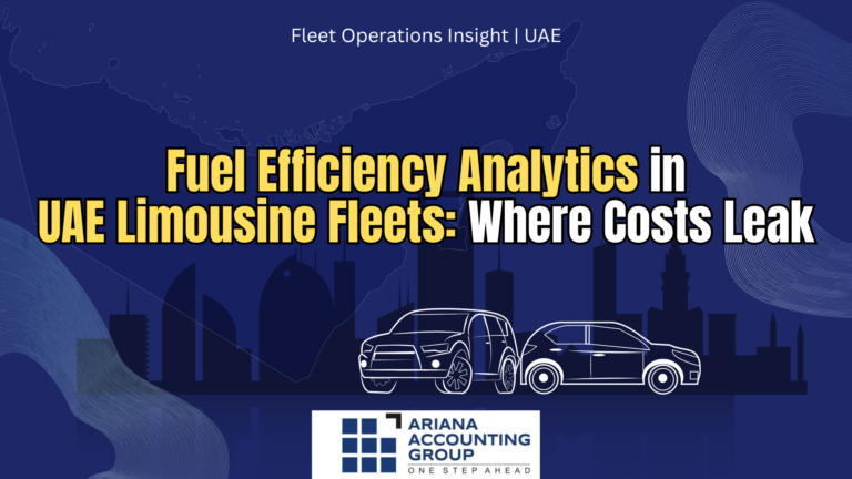 Fuel efficiency analytics in UAE limousine fleets showing luxury cars on Dubai roads