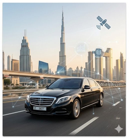 A polished black luxury sedan driving past the Burj Khalifa on Sheikh Zayed Road in Dubai at golden hour, illustrating the successful application of an optimized vehicle tracking UAE strategy.