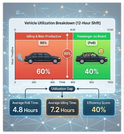 An infographic chart comparing passenger on-board time and non-productive idling time in a 12-hour limousine shift, highlighting the importance of efficient vehicle tracking UAE analytics.