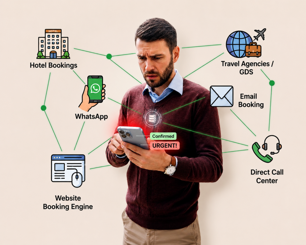 Limousine booking process UAE showing multiple booking channels including WhatsApp, hotel bookings, email, website bookings, travel agencies and call center requests