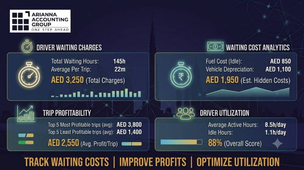 Fleet analytics dashboard used to monitor driver waiting charges Dubai and improve profitability